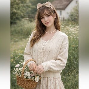 Vintage Preppy Cottagecore Soft Academia ClaiborneIvory Cable Cardigan Sz S